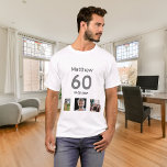 60th birthday custom photo monogram guy T-Shirt<br><div class="desc">For a 60th birthday as a gift or for the party. A collage of 3 of your photos of himself friends,  family,  interest or pets.  Personalise and add his name,  age 60 and a date.  Date of birth or the date of the birthday party.  Grey and black coloured text.</div>