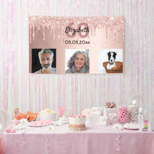 60th birthday custom photo rose gold pink glitter banner