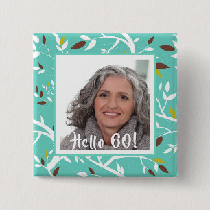 60th birthday custom photo teal botanical retro 15 cm square badge