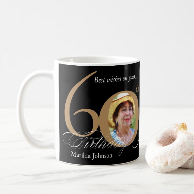 60th Birthday Custom Photo Typography Black Gold Coffee Mug (With Donut)