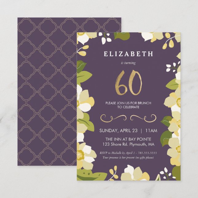 60th Birthday, Customise Floral w/ Gold, Small Invitation (Front/Back)