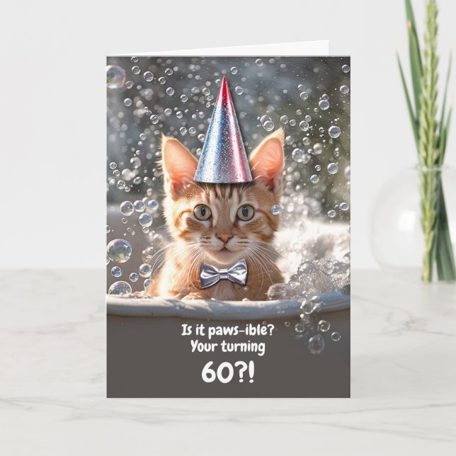 60th Birthday Cute and Funny Kitten in Bubble Bath Card (Front)