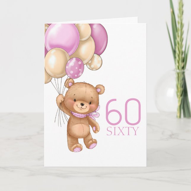 60TH birthday cute pink balloons girl teddy card (Front)