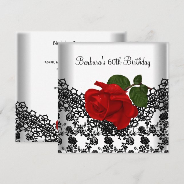 60th Birthday Damask Lace Black White RED Rose Invitation (Front/Back)