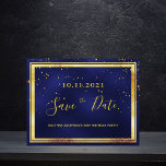 60th birthday dark blue gold save the date postcard<br><div class="desc">A Save the Date card for a 60th birthday party for a guy, man, male. A dark blue background decorated with golden confetti and a faux gold and black frame. The blue colour is uneven. Templates for a date and name/age 60. Golden coloured letters. The text: Save the Date is...</div>