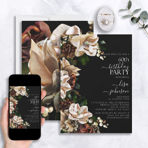 60th Birthday Dark Moody Neutral Magnolia Floral Invitation