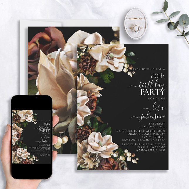 60th Birthday Dark Moody Neutral Magnolia Floral Invitation (Creator Uploaded)