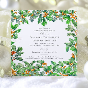 60th Birthday December Birth Flower Holly Square Invitation