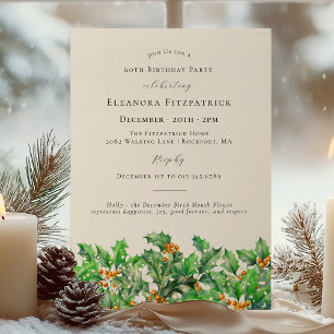 60th Birthday December Birth Month Flower Holly Invitation
