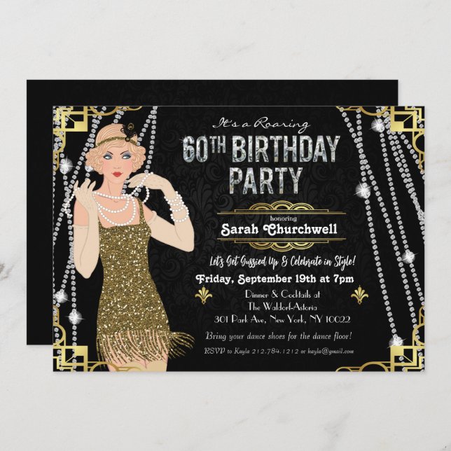 60th Birthday Deco Gatsby Flapper Girl Invitation (Front/Back)