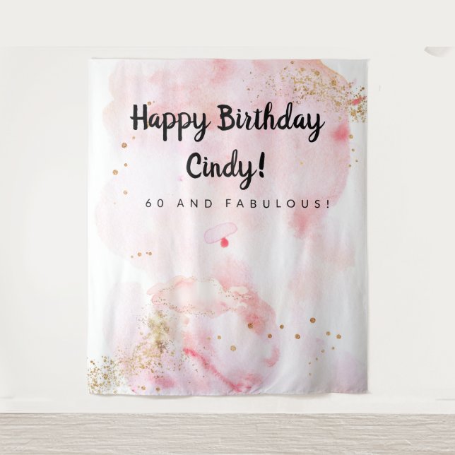 60Th Birthday Decor, Pink And Gold Backdrop Tapestry (Front)