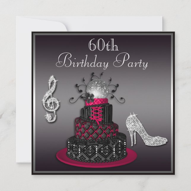60th Birthday Disco Diva Cake and Heels Hot Pink Invitation (Front)