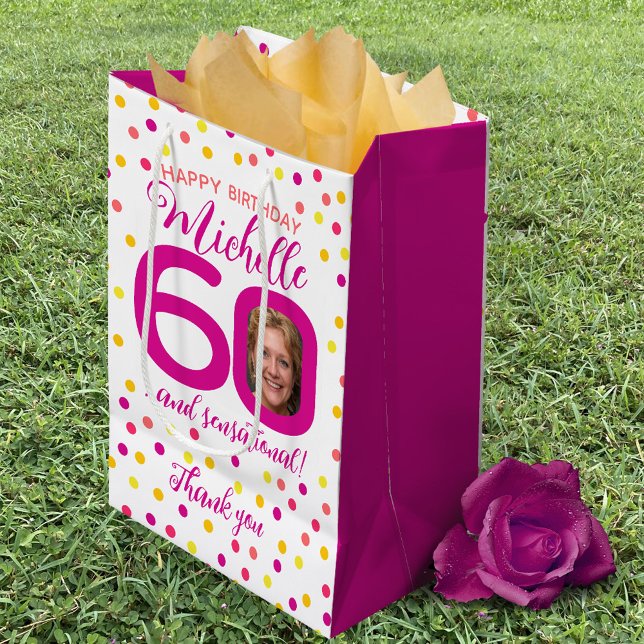 60th birthday dot pink yellow thank you favour medium gift bag (Creator Uploaded)