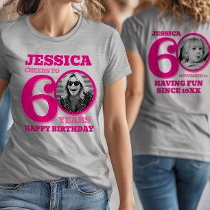 60th Birthday doubled sided photo name pink text T-Shirt