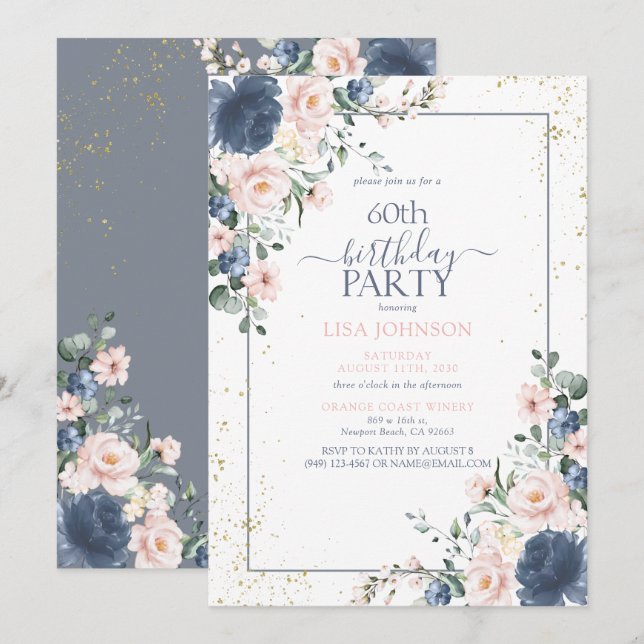 60th Birthday Dusty Blue Blush Pink Gold Floral Invitation (Front/Back)