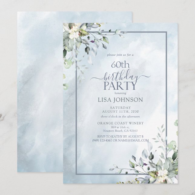 60th Birthday Dusty Blue Botanical Greenery Invitation (Front/Back)
