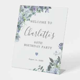 60th Birthday Dusty Blue Floral Welcome Pedestal Sign