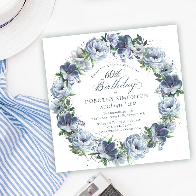 60th Birthday Dusty Blue Flower Wreath Invitation (Creator Uploaded)