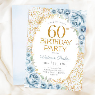 60th Birthday Dusty Blue Gold Floral Feminine Invitation