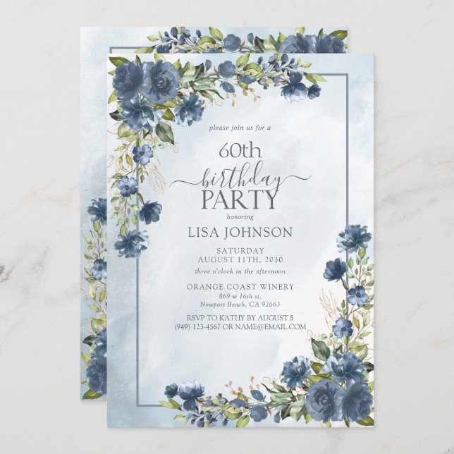 60th Birthday Dusty Blue Watercolor Floral Invitation (Front/Back)