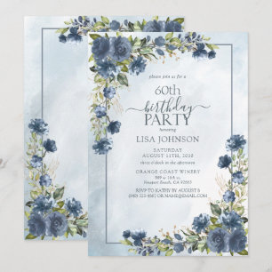 60th Birthday Dusty Blue Watercolor Floral Invitation