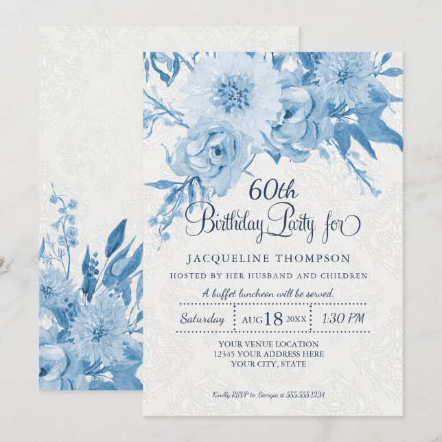 60th Birthday Dusty Blue White Lace Damask Floral Invitation (Front/Back)