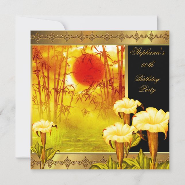 60th Birthday Elegant Asian Gold Yellow Floral 2 Invitation (Front)