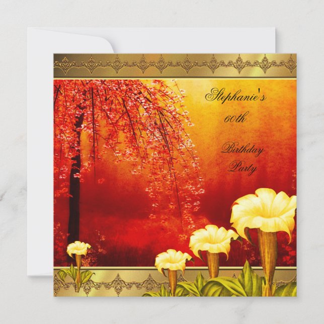 60th Birthday Elegant Asian Gold Yellow Floral 3a Invitation (Front)