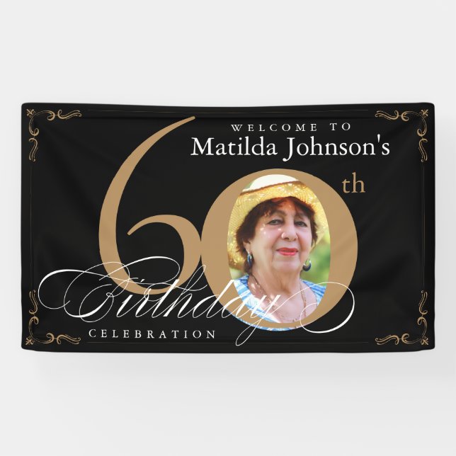 60th Birthday Elegant Black Gold Calligraphy Photo Banner (Horizontal)