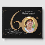 60th Birthday Elegant Black Gold Calligraphy Photo Guest Book<br><div class="desc">60th Birthday Elegant Black Gold Calligraphy Photo Guest Book. And elegantly designed special birthday celebration,  featuring a custom photo of birthday person and script calligraphy with vintage flourish elements. Simple enough to fit a variety of themes and colours!
Need help? Simply contact me!</div>