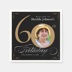 60th Birthday Elegant Black Gold Calligraphy Photo Napkin
