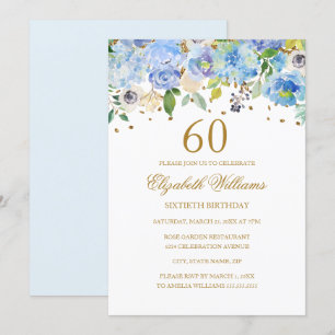 60th Birthday Elegant Blue Gold Floral Invitation