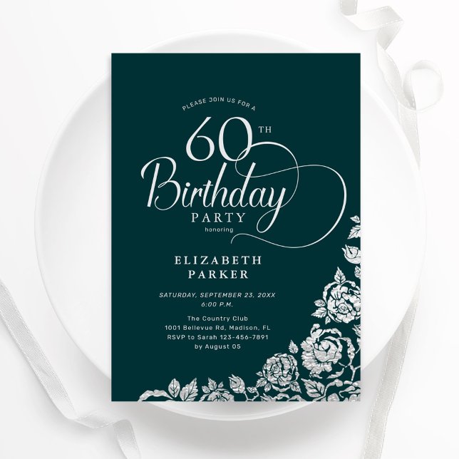 60th Birthday Elegant Emerald Green Silver Roses Invitation (Creator Uploaded)