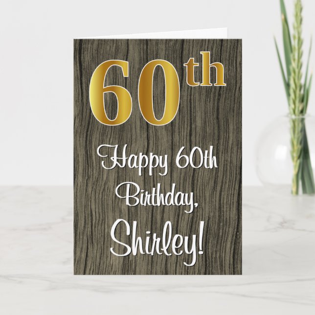 60th Birthday: Elegant Faux Gold Look #, Faux Wood Card (Front)