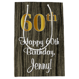 60th Birthday: Elegant Faux Gold Look #, Faux Wood Medium Gift Bag