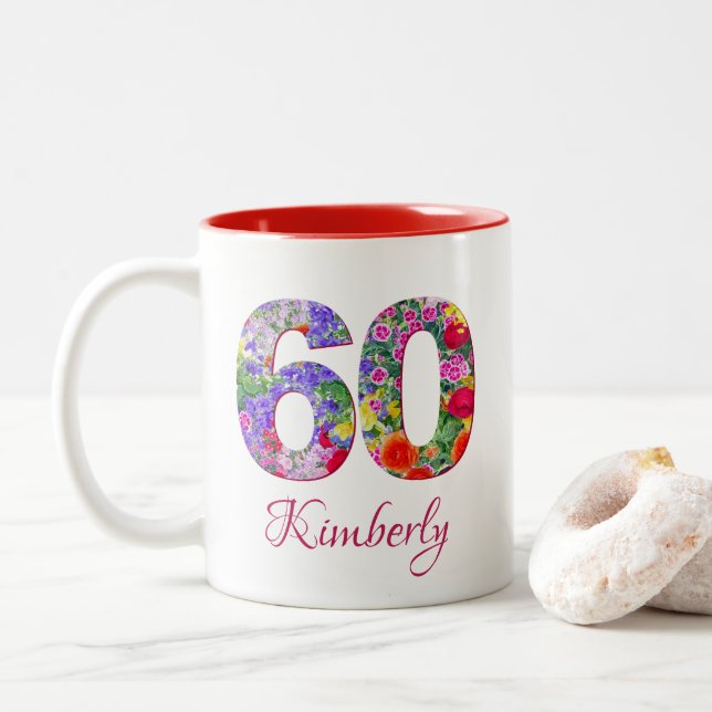 60th birthday elegant floral blossoms red mug (With Donut)