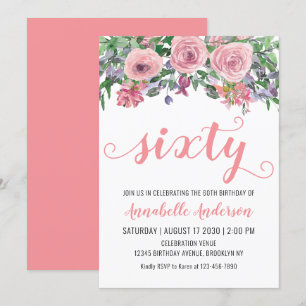 60th Birthday Elegant Floral Blush Pink Watercolor Invitation