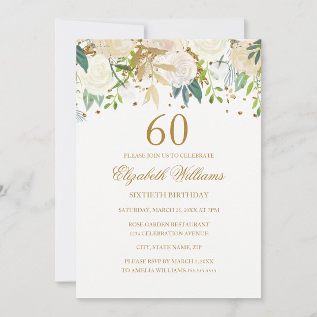 60th Birthday Elegant Gold Floral Invitation (Front)