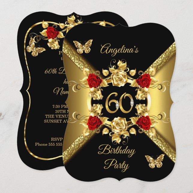 60th Birthday Elegant Gold Red Roses Black Invitation (Front/Back)