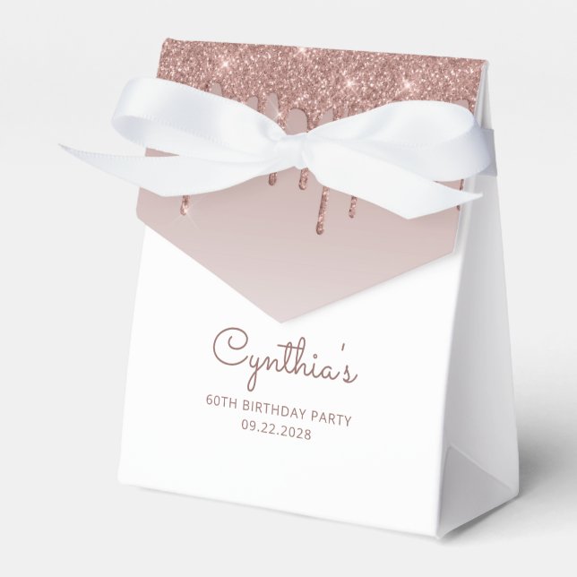 60th Birthday Elegant Rose Gold Glitter Drip Favour Box (Front Side)