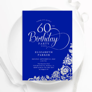 60th Birthday Elegant Royal Blue Silver Roses Invitation