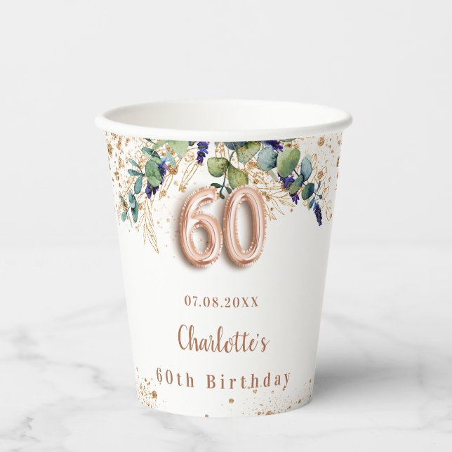 60th birthday eucalyptus greenery glitter name paper cups (Front)