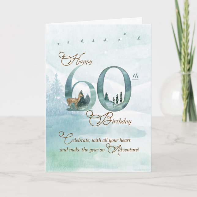 60th Birthday Evergreen Pines and Deer Nature Card (Front)