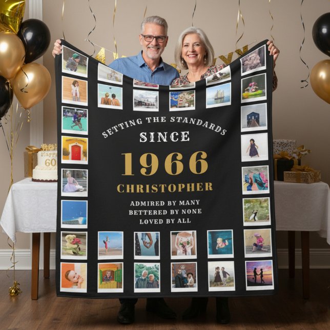 60th Birthday Family Memories Photo Collage  Fleece Blanket (Born 1966 photo fleece blanket held by a couple.)