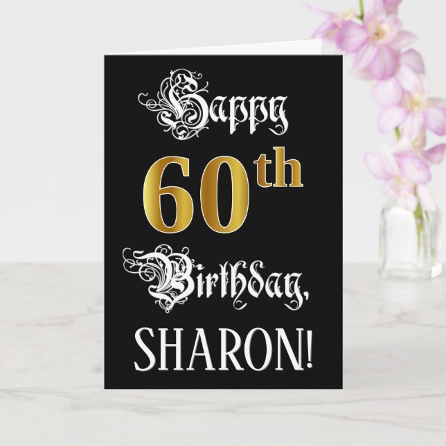 60th Birthday — Fancy Script; Faux Gold Look; Name Card (Orchid)
