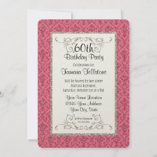 60th Birthday Faux Gold Glitter Damask Pattern Invitation