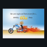 60th birthday Flaming motorcycle party invitation<br><div class="desc">Revving up and burning over! A  burning motorbike with flames waving behind,  a beautiful blonde riding fast with your party invitation! See the whole range of cards for ages and relationships in my store. All artwork copyright Norma Cornes</div>
