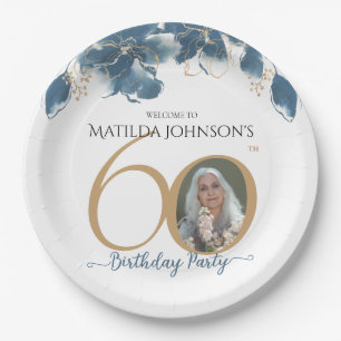 60th Birthday Floral Blue Gold Chic Custom Photo  Paper Plate