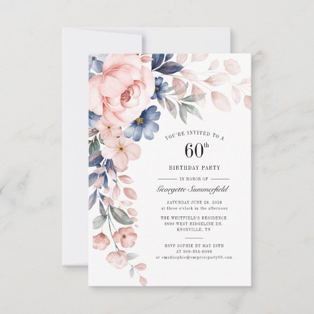 60th Birthday Floral Dusty Blue Pink Invitation (Front)