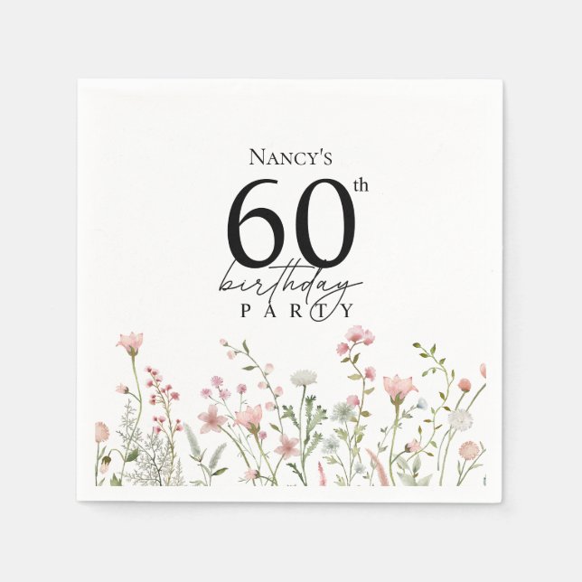 60th Birthday Floral Elegant Script  Napkin (Front)